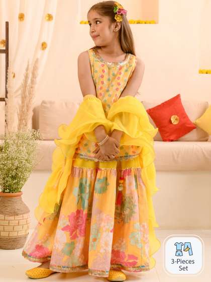Pspeaches Girls Yellow
                    Floral Muslin Kurta Sharara Dupatta Set
