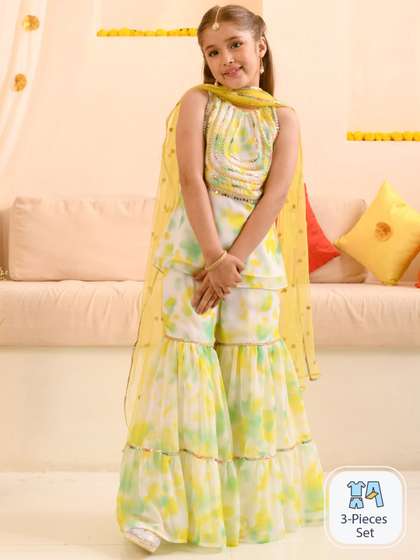 Pspeaches Girls White
                    And Green Tie Dye Georgette Kurta Sharara Dupatta
                    Set