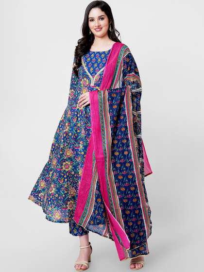 KALINI Floral Printed Gotta Patti Pure Cotton Anarkali Kurta & Palazzos With Dupatta
