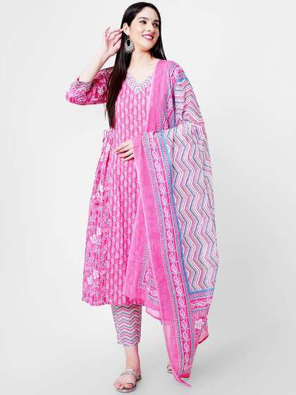 KALINI Floral Printed Regular Pure Cotton Kurta & Palazzos With Dupatta