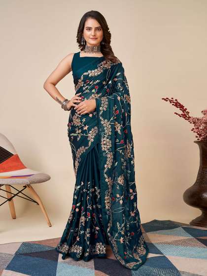 HERE&NOW Teal
                        Floral Embroidered Saree