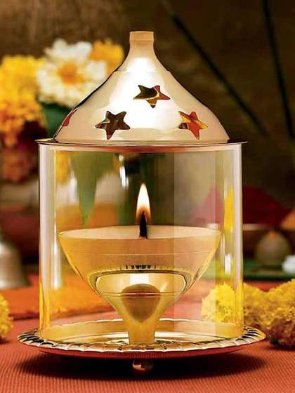 eCraftIndia Brown Brass And Glass Akhand Diya