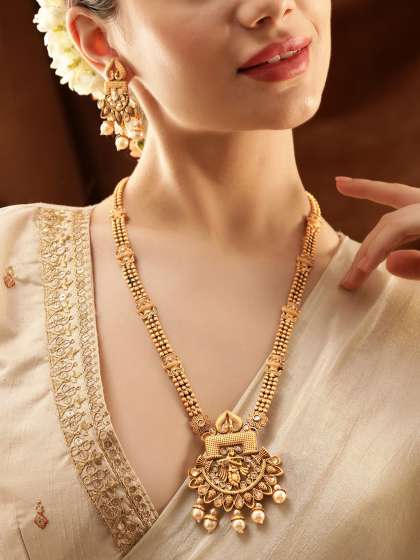 Price History of Rubans Gold Plated Stone Studded Pearl Drop Beaded Temple Jewellery Set from Myntra 111 8214774