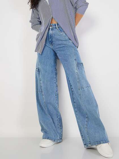 SASSAFRAS Women Wide Leg High-Rise Clean Look Pure Cotton Jeans