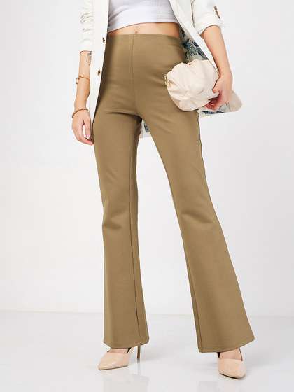 SASSAFRAS Women
                        Beige Mid-Rise Slim Fit Bootcut Trousers