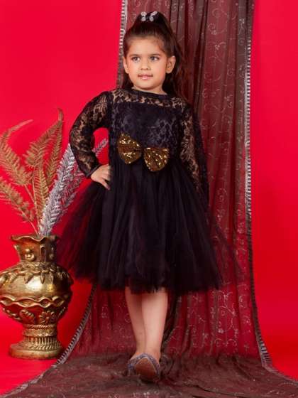 Bella Moda Girls Self
                    Designed Long Sleeves Satin Fit & Flare Midi
                    Dress With A Bow