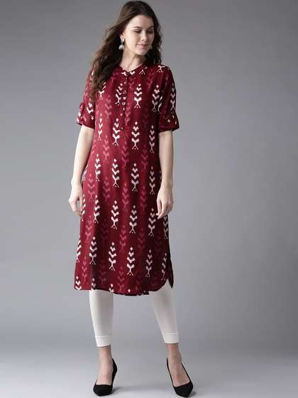 HERE&NOW Women Burgundy & White Printed Straight Kurta