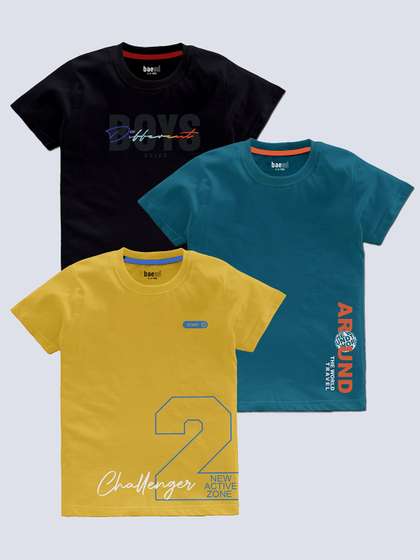 BAESD Boys Pack Of 3 Typography Printed Round Neck T-shirt