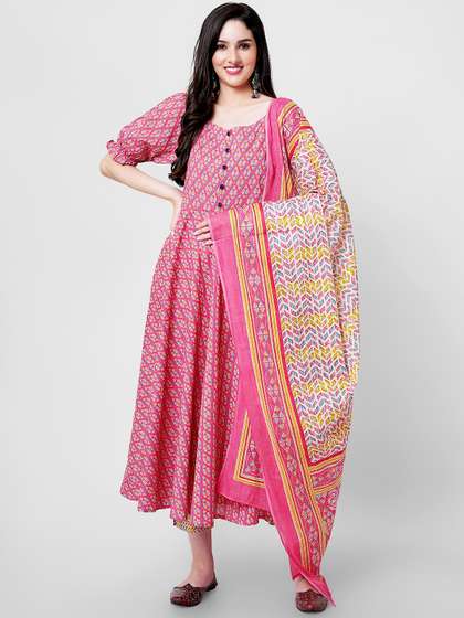 KALINI Floral Printed Pure Cotton Anarkali Kurta With Trousers & Dupatta
