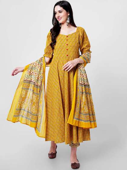 KALINI Floral Printed Regular Gotta Patti Pure Cotton Kurta With Trousers & Dupatta