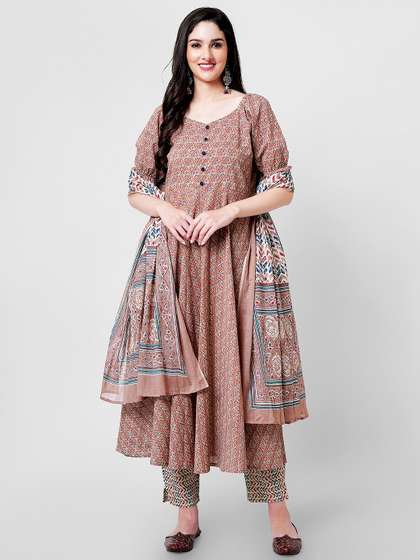 KALINI Ethic Motifs Printed Pure Cotton Anarkali Kurta With Trousers & Dupatta