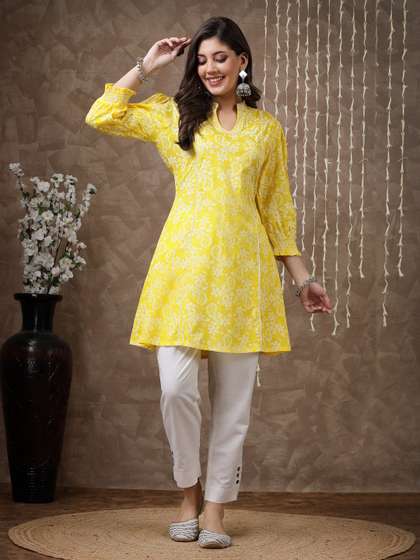 Nayam By Lakshita Yellow Floral Printed Thread Work Thread Work Kurti