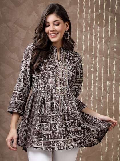 Nayam By Lakshita Brown Ethnic Motifs Printed Thread Work Modal Thread Work Kurti