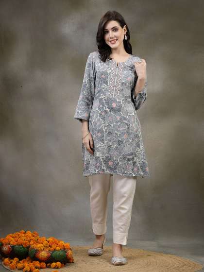Nayam By Lakshita Grey Floral Printed Thread Work Thread Work Kurti