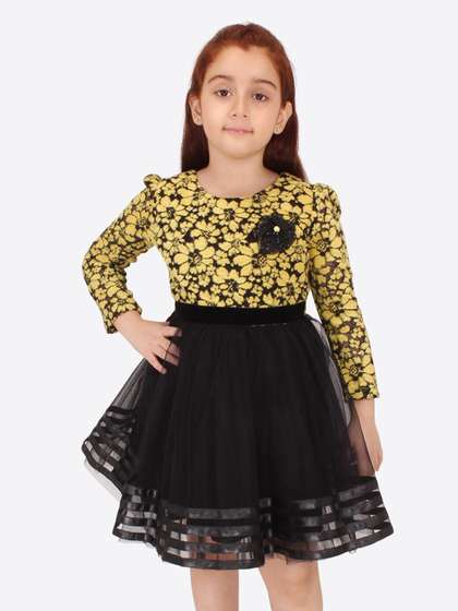 CUTECUMBER Girls Floral
                    Printed Puff Sleeves Corsage Fit & Flare Dress