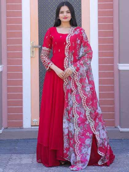 Fusionic Embellished Georgette Ethnic Wear Gown With Printed Dupatta