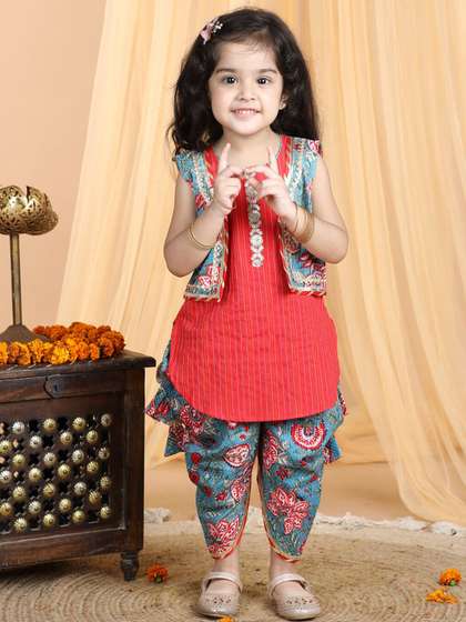 Here&Now X Kinder
                    Kids Girls Striped Pure Cotton Gotta Patti Kurti
                    With Dhoti Pants & Jacket
