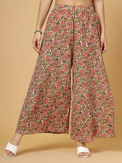 Pistaa Floral Printed Cotton Flared Palazzos