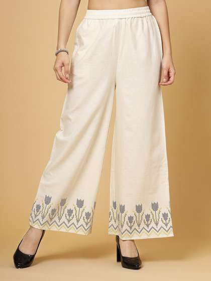 Pistaa Women White
                          & Green Floral Hem Design Ethnic Palazzos