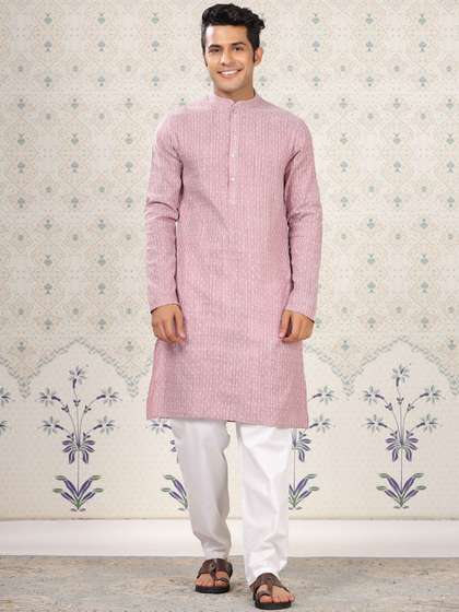 Ode by House of Pataudi Striped Mandarin Collar Pure Cotton Kurta