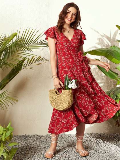 Berrylush Floral
                          Printed V-Neck Flutter Sleeves Tie-Ups Midi
                          Wrap Dress