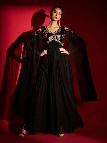 MADHURAM Floral
                          Embroidered Cape Sleeves Gathered Maxi Ethnic
                          Dress