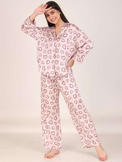 Masha Women Little
                        Hearts Oversized Satin Night Suit