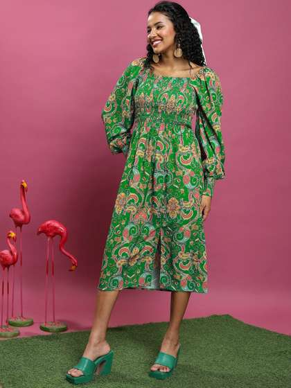 Tokyo Talkies Ethnic
                        Motifs Printed Puff Sleeve Smocked A-Line Dress