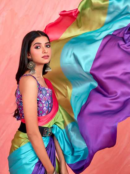 Sangria Colourblocked Satin Saree
