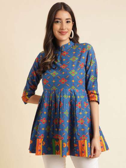 Sangria Ethnic
                          Motifs Printed Mandarin Collar Pure Cotton
                          A-line Short Kurti