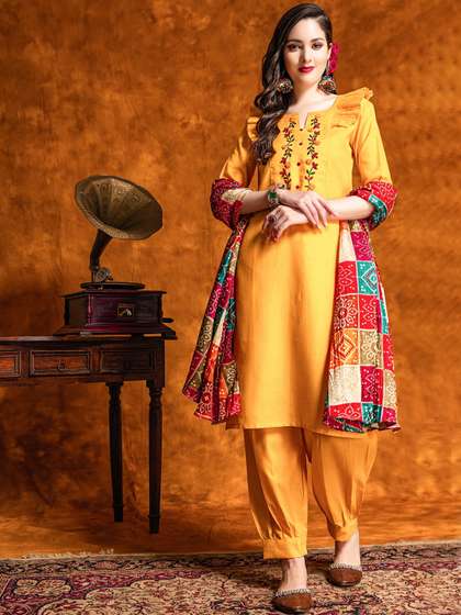 KALINI Floral Embroidered Mirror Work Pure Cotton Kurta With Patiala & With