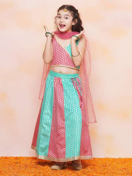 Aj DEZInES Girls Woven
                    Design Zari Ready To Wear Lehenga & Blouse With
                    Dupatta