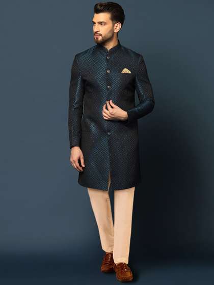 KISAH Men
                        Embroidered Mandarin Collar Cotton Indowestern
                        Sherwani Set