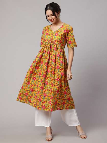 SAK JAIPUR Floral Printed Gotta Patti Pure Cotton Empire Kurta