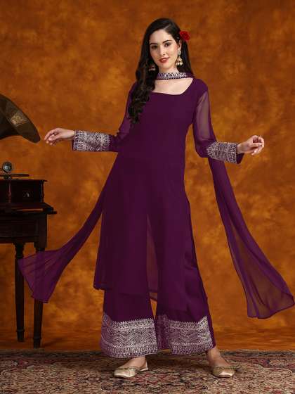 Sangria X fwd Embroidery Georgette Kurta Palazzo With Dupatta Set