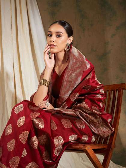 Sangria Red Ethnic
                        Motifs Woven Design Zari Banarasi Saree