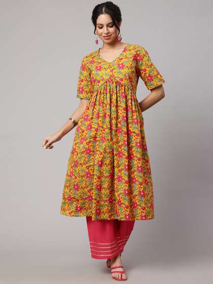 SAK JAIPUR Floral Printed Empire Pure Cotton Kurta With Palazzos