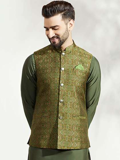 KISAH Men Woven
                        Jacquard Zari Regular Fit Nehru Jacket