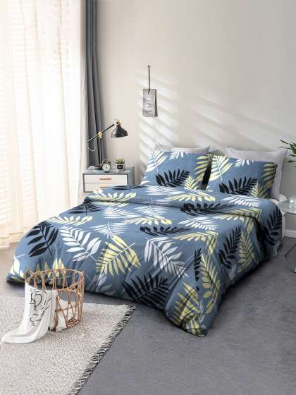 Cortina Blue & White Floral Microfiber 110 TC Double Queen Bedsheet With 2 Pillow Covers