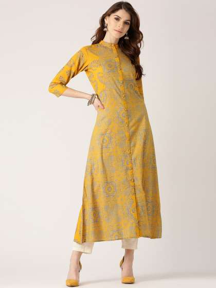 Navy blue mandarin collar Kurta with front slit and mustard yellow