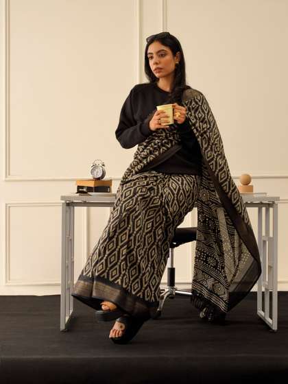 Tikhi Imli Black
                        & Gold Geometric Printed Ready To Wear
                        Saree