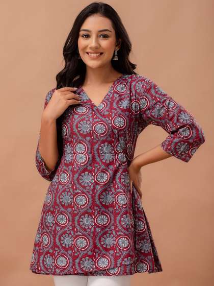 FERANOID Ethnic
                        Motifs Printed V-Neck Pure Cotton Angrakha
                        A-Line Kurti