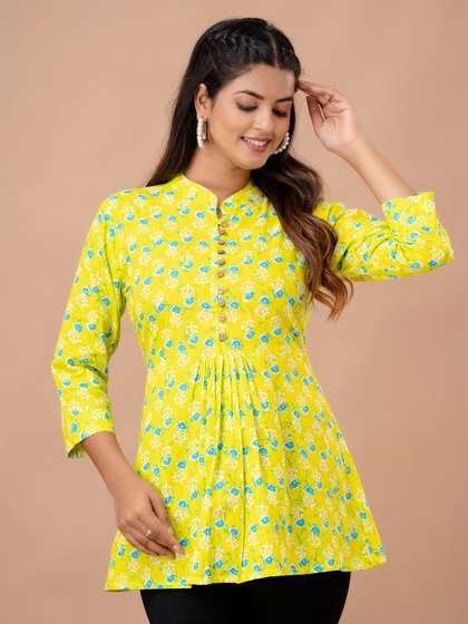 FERANOID Floral Printed Pure Cotton Pleated A-Line Kurti