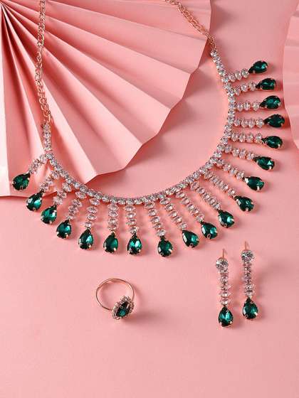 Zaveri Pearls
                          Gold-Plated Cubic Zirconia-Studded Necklace
                          With Earrings & Finger Ring
