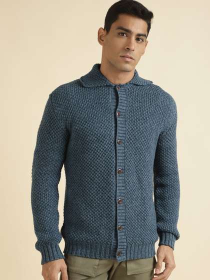 Andamen Cable Knit Shirt Collar Long Sleeves Cotton Cardigan Sweaters