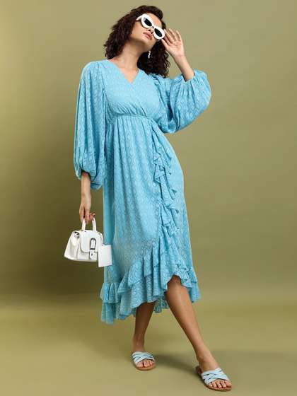 Tokyo Talkies Blue
                        Self Design Puff Sleeves Fit & Flare Midi
                        Dress