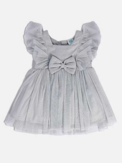 MINI KLUB Embellished
                    Square Neck Flutter Sleeves Bow Pure Cotton Fit
                    & Flare Dress