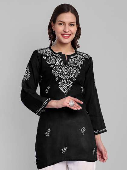 ADA Floral Embroidered Lucknowi Chikankari Thread Work Pure Cotton Kurti