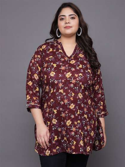 Tissu Plus Size Floral Printed V-Neck Gotta Patti Pure Cotton Kurti