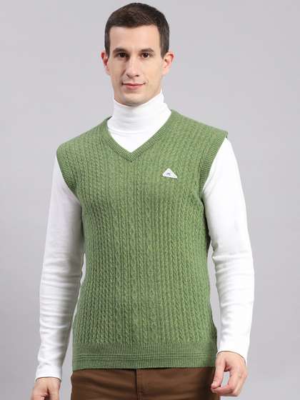 Monte Carlo Cable Knit Self Design V-Neck Woollen Sweater Vest